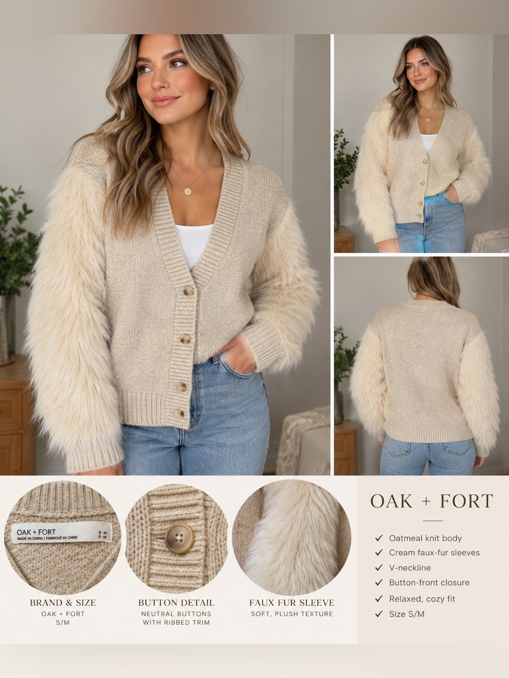 Oak + Fort Faux Fur Sleeve Cardigan